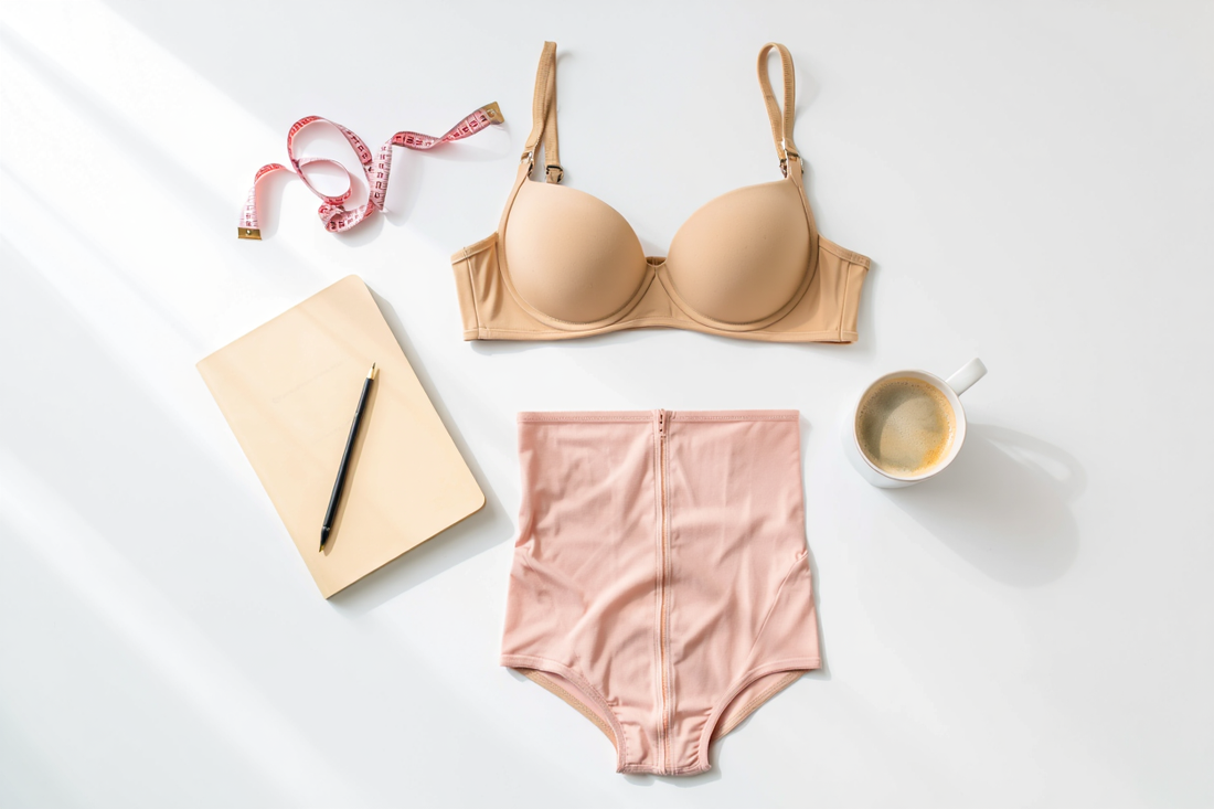flat lay of bra and shapewear