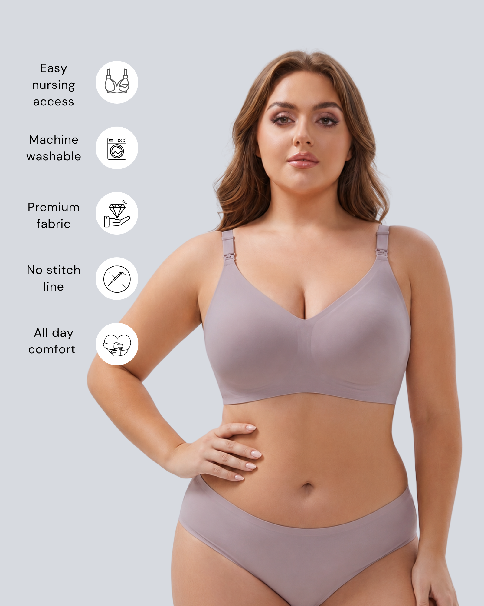 MamaEase Seamless V-neck Wirefree Padded Nursing Bra Gray