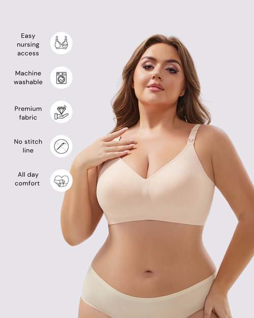 MamaEase Seamless V-neck Wirefree Padded Nursing Bra Beige